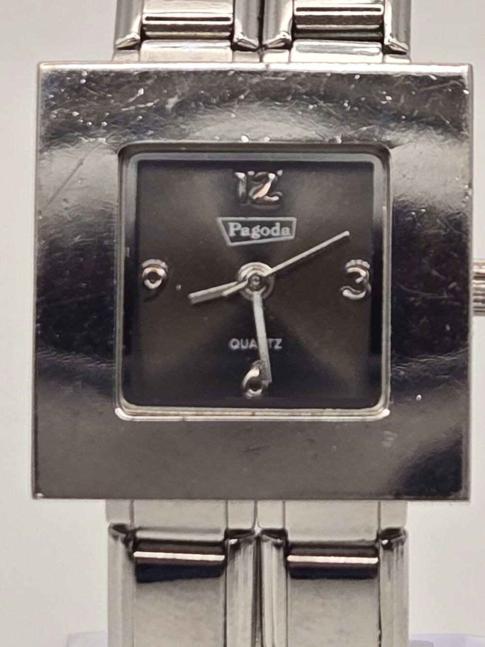 Pagoda Square Watch Black Dial Date Stainless Steel Quartz